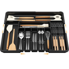 Euqvunn Cutlery Drawer Organiser, Expandable Large Utensil Holder with 2 Removable Knife Blocks, 6-9 Slots Adjustable Cutlery Tray