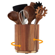 Wooden Utensil Holder, 360 Rotating Acacia Wood Cooking Utensil Holder for Countertop Kitchen Cutlery Silverware Caddy Swivel Cut