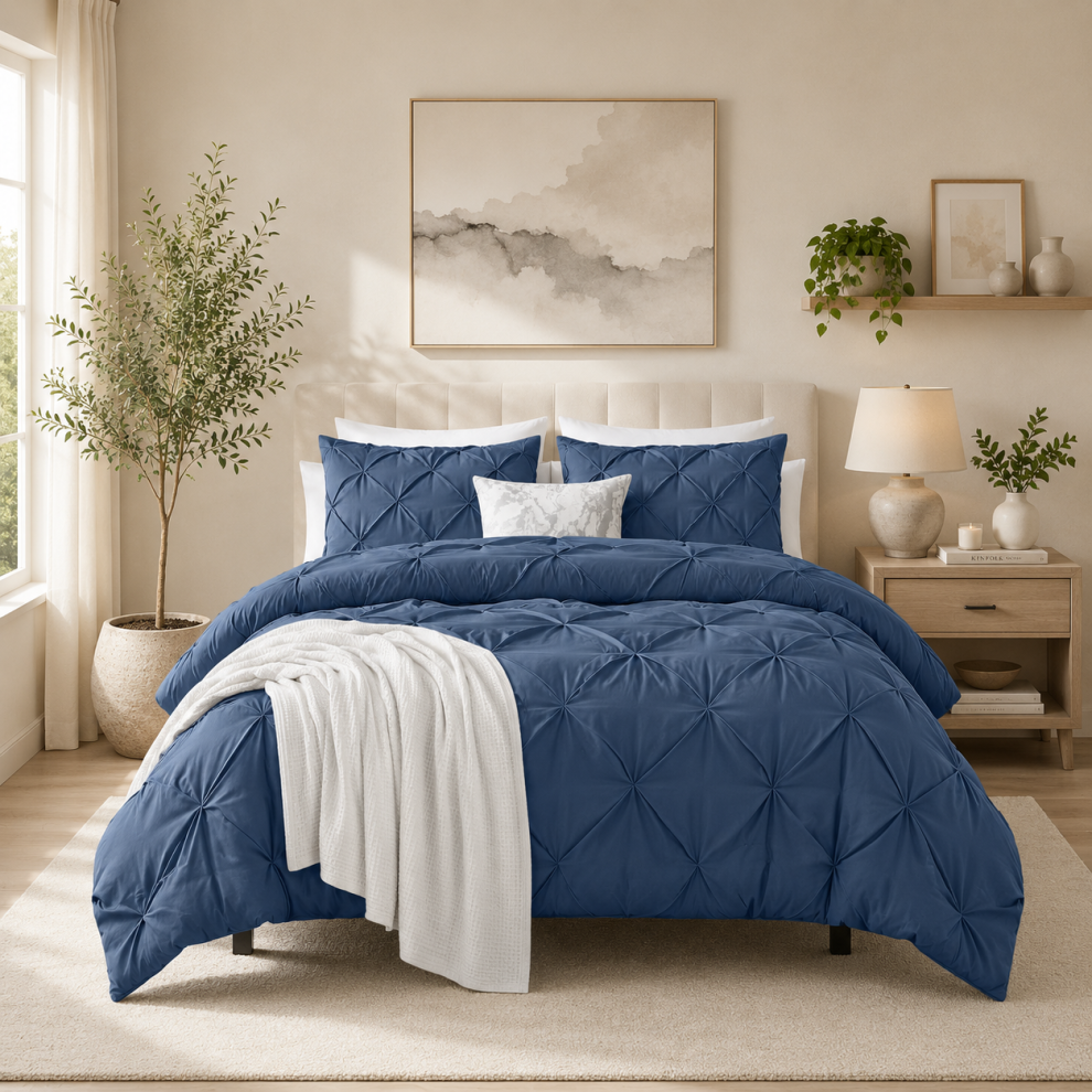 Imperial Rooms (Navy Blue, Double) Pintuck Duvet Cover Set-Luxury 3Pc Duvet Set With Matching Pillowcases