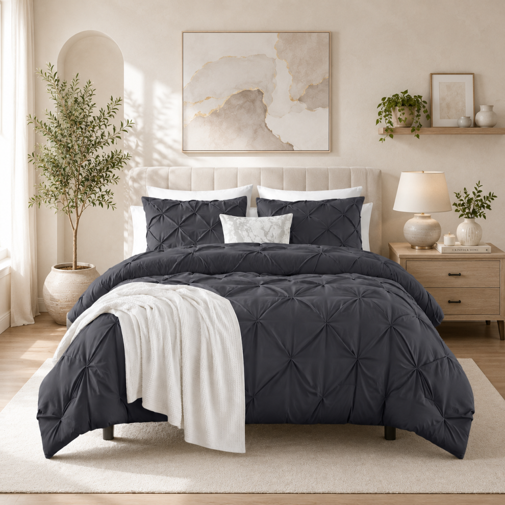 Imperial Rooms (Grey, Double) Pintuck Duvet Cover Set-Luxury 3Pc Duvet Set With Matching Pillowcases