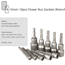 10 teiliges Set pneumatischer Magnet Steckschlüssel Bohrer (6–15 mm) mit starker Kraft und 65 mm 1/4" Sechskantschaft (metrisch)