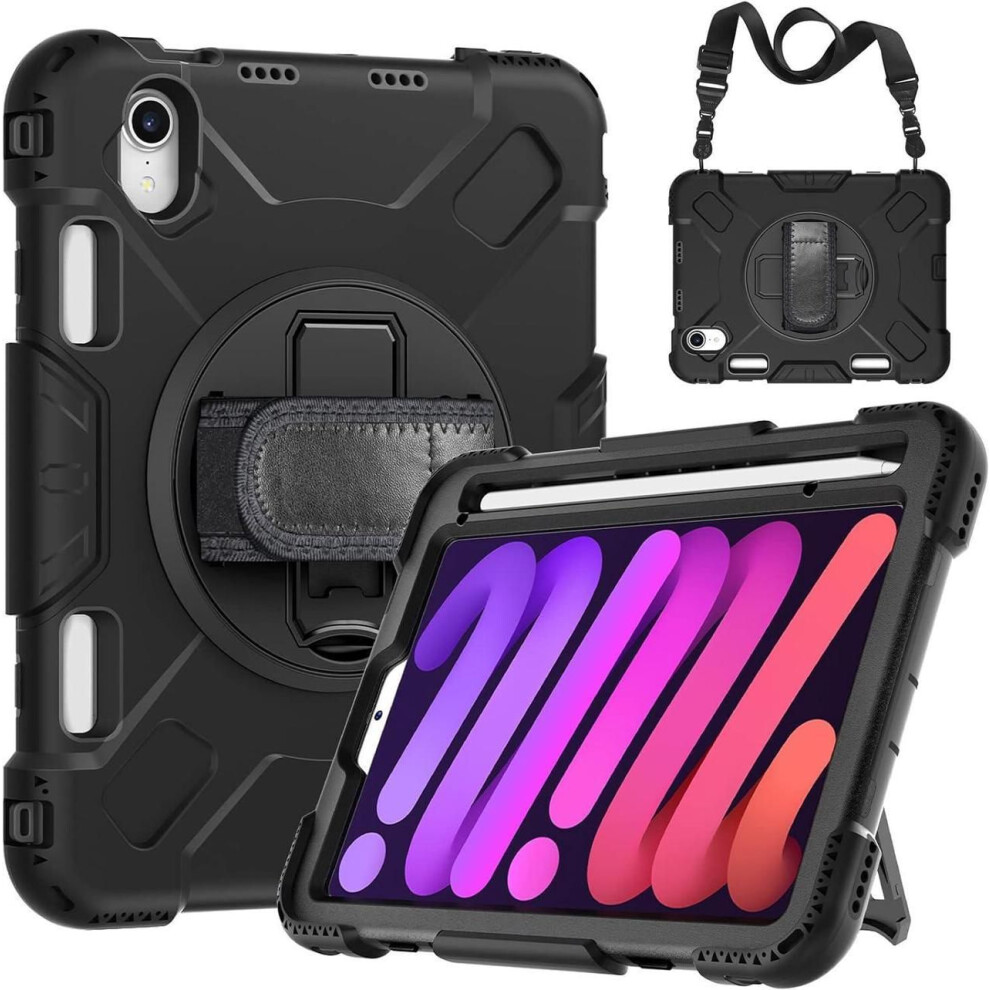 Case For Ipad Mini 7 (A17 Pro) 2024 / Ipad Mini 6 8.3 Inch 2021 Protective Cover With 360 Rotating Stand, Hand/Shoulder Strap, Pencil Holder 609808390087