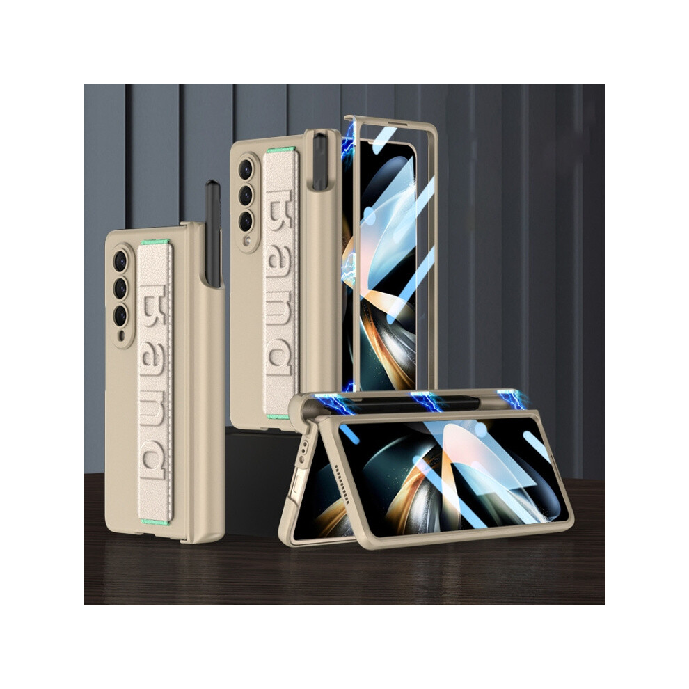 Compatible Gift Samsung Galaxy Z Fold4 Gkk Integrated Magnetic Folding Hinge Phone Case With Wrist Strap & Pen Holder(Champagne ):For Samsung Gal Gold 3246986242851