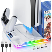 PS5 Slim Stand Cooling Station with Controller Charging Station for Playsation 5 Slim, PS5 Slim Accessories Kits with Cooling Fan,RGB LED,and Game Slo