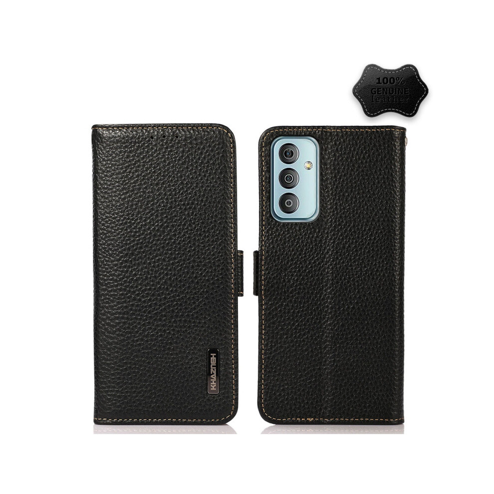 Compatible Gift Samsung Galaxy M13 4G Khazneh Side-Magnetic Litchi Genuine Leather Rfid Phone Case(Black):For Samsung Galaxy M13 4G Black 4106343414460