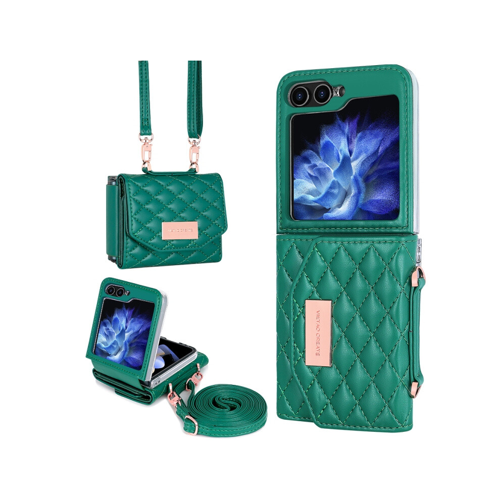 Vietao Chanel-Style Wallet/Phone Case With Long Strap (Green) Compatible Gift Samsung Galaxy Z Flip5:for Samsung Galaxy Z Flip5 Green 4553314203927