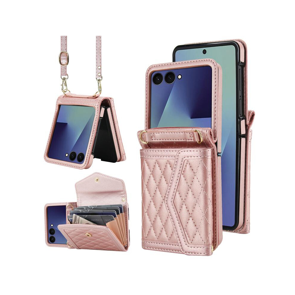 Compatible Gift Samsung Galaxy Z Flip7 5G Splicing Rhombic Texture Phone Case With Long & Short Lanyard, Not Included Pen(Rose ):For Samsung Gala Gold 3053159226521