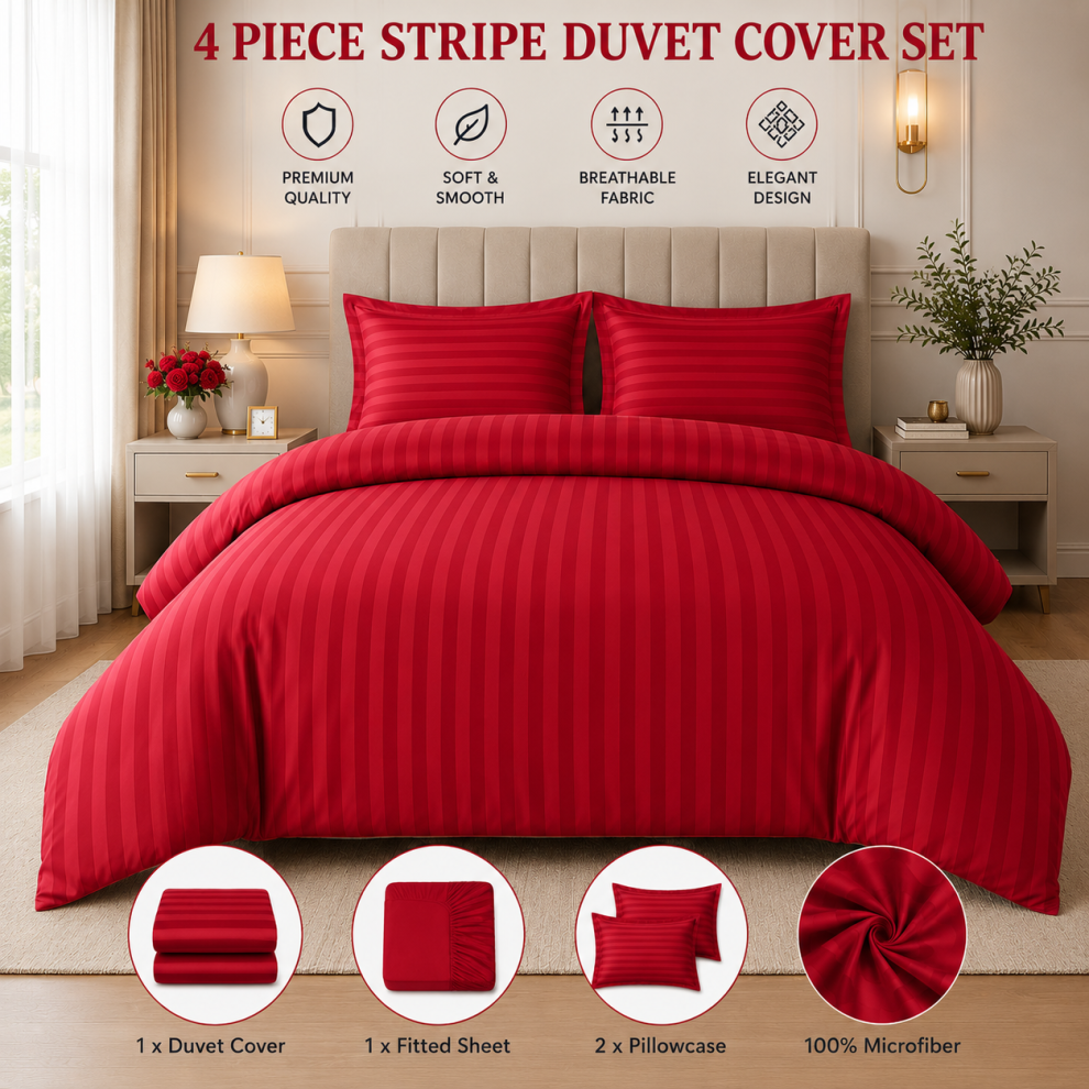 Oxford Homeware (King, Burgundy) 4Pc Stripe Duvet Quilt Cover Luxury Hotel Quality Bedding Set Red