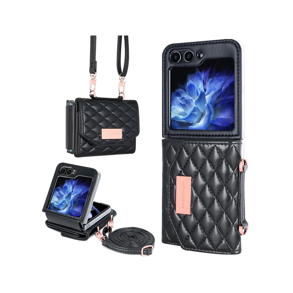 Vietao Chanel-Style Wallet/Phone Case With Long Strap (Black) Compatible Gift Samsung Galaxy Z Flip5:for Samsung Galaxy Z Flip5 Black 4553314203866