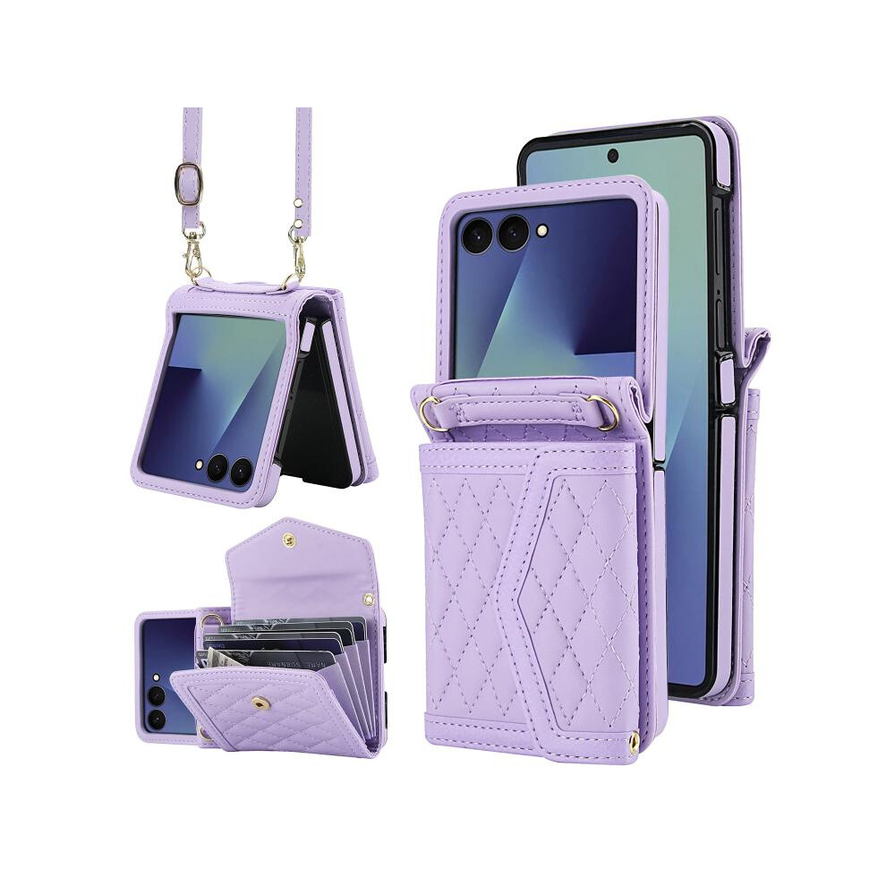 Compatible Gift Samsung Galaxy Z Flip7 5G Splicing Rhombic Texture Phone Case With Long & Short Lanyard, Not Included Pen(Purple):For Samsung Galaxy Purple 5908487390926
