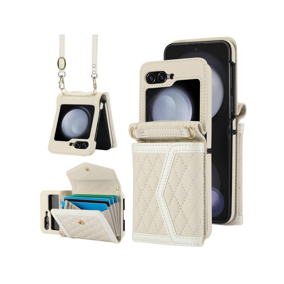 Compatible Gift Samsung Galaxy Z Flip7 5G Splicing Rhombic Texture Phone Case With Long & Short Lanyard, Not Included Pen(Beige):For Samsung Galaxy Z Beige 3053159226583