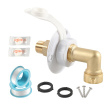 (White) Camper RV Trailer Fill Inlet Brass Connector Adapter w/Check Valve Hose Elbow