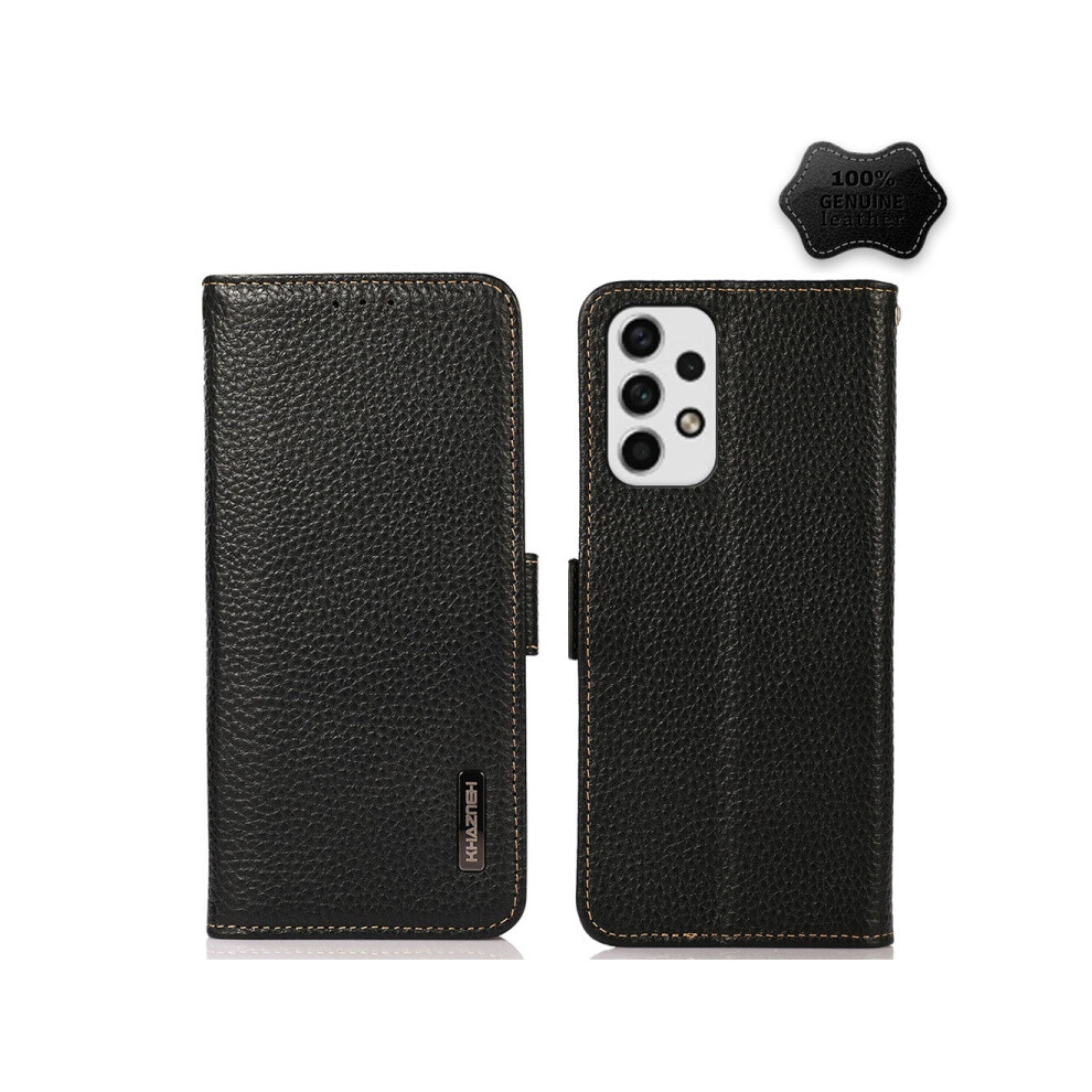 Khazneh Genuine Leather Side-Suction Litchi Texture Rfid Anti-Theft Case Compatible Gift Samsung Galaxy A23 5G (Black):For Samsung Galaxy A23 5G Black 4106343414484