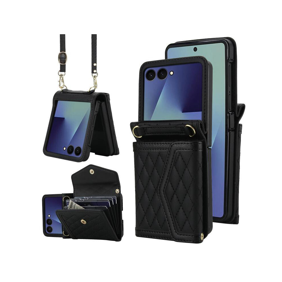 Compatible Gift Samsung Galaxy Z Flip7 5G Splicing Rhombic Texture Phone Case With Long & Short Lanyard, Not Included Pen(Black):For Samsung Galaxy Z Black 5909177285270