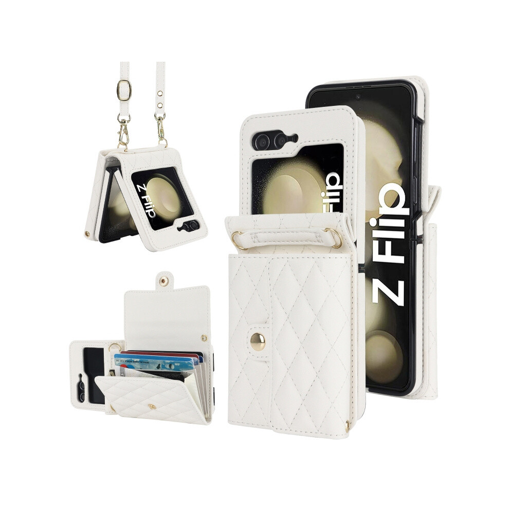 Compatible Gift Samsung Galaxy Z Flip7 Fe / Flip6 Rhombic Texture Card Bag Pu Phone Case With Long Lanyard(White):For Samsung Galaxy Z Flip7 Fe / Fli White 5909177285423