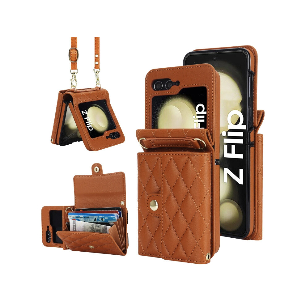 Compatible Gift Samsung Galaxy Z Flip7 Fe / Flip6 Rhombic Texture Card Bag Pu Phone Case With Long Lanyard(Brown):For Samsung Galaxy Z Flip7 Fe / Fli Brown 5909177285478