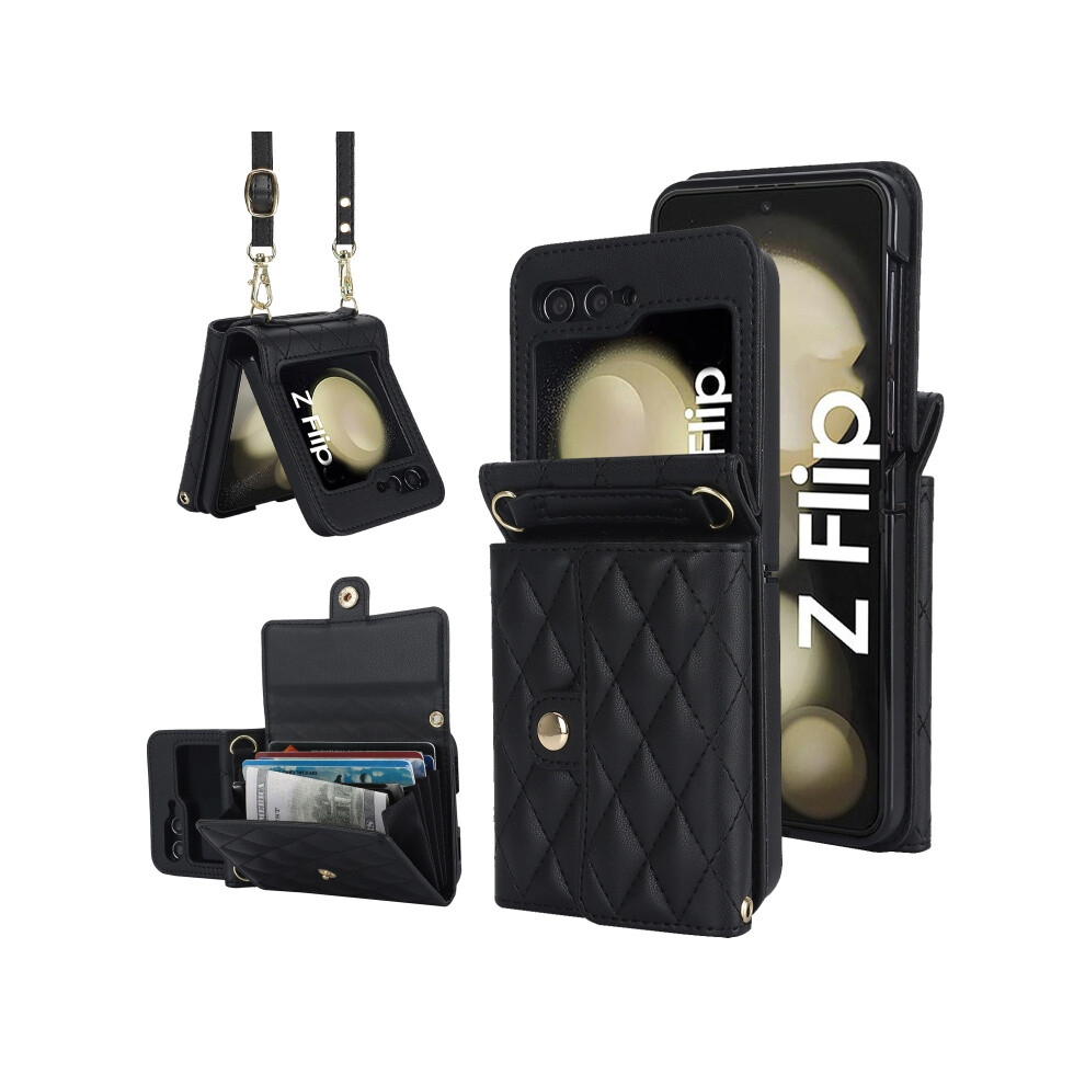 Compatible Gift Samsung Galaxy Z Flip7 Fe / Flip6 Rhombic Texture Card Bag Pu Phone Case With Long Lanyard(Black):For Samsung Galaxy Z Flip7 Fe / Fli Black 5909177285362