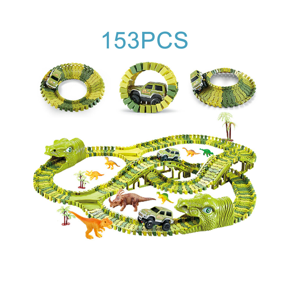 153Pcs Dinosaur Railway Car Track Racing Track Toys Set Bend Flexible Race Track Flash Car Educational Toys For Kids Gift Light 110691699473