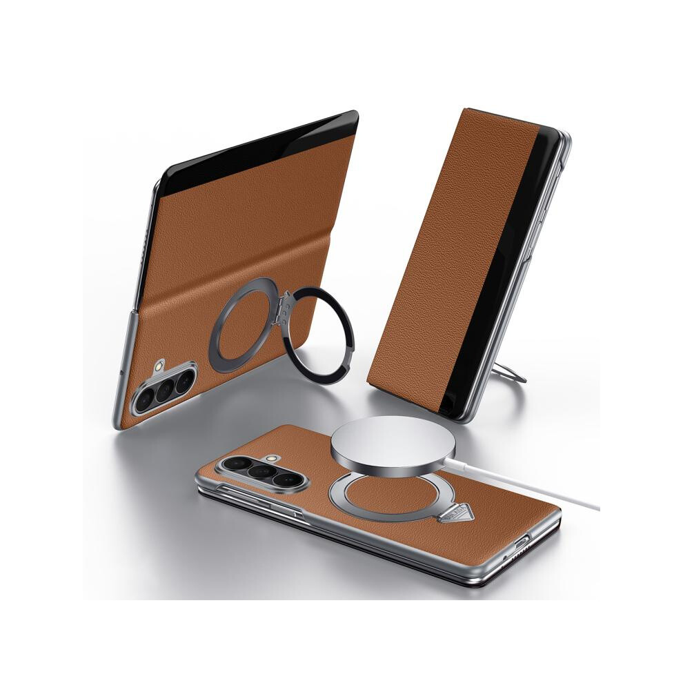 Compatible Gift Samsung Galaxy Z Fold7 5G Sulada Smart View Window Magsafe Magnetic Holder Leather Phone Case(Brown):For Samsung Galaxy Z Fold7 5G Brown 4553314204108