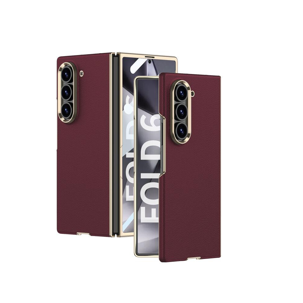 Gkk Integrated Electroplated Vegan Leather Curved Phone Case Compatible Gift Samsung Galaxy Z Fold6 (Scarlet ):For Samsung Galaxy Z Fold6 Red 6917477158391