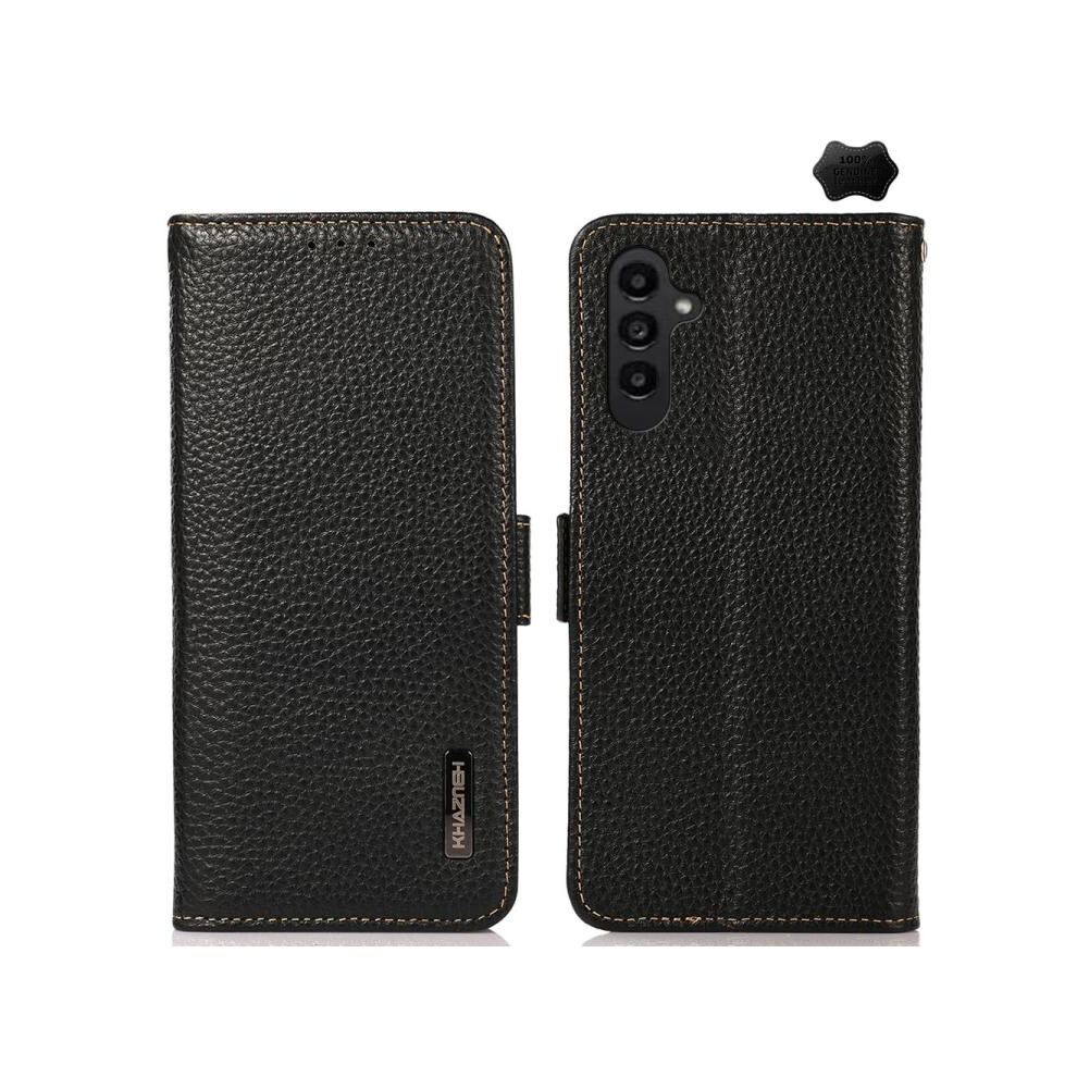 Khazneh Genuine Leather Side-Suction Litchi Texture Rfid Anti-Theft Case Compatible Gift Samsung Galaxy A37 5G (Black):For Samsung Galaxy A37 5G Black 6917477158193