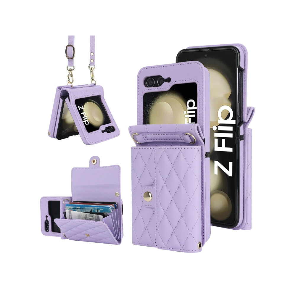 Compatible Gift Samsung Galaxy Z Flip7 Fe / Flip6 Rhombic Texture Card Bag Pu Phone Case With Long Lanyard(Purple):For Samsung Galaxy Z Flip7 Fe / Fl Purple 5909177285522