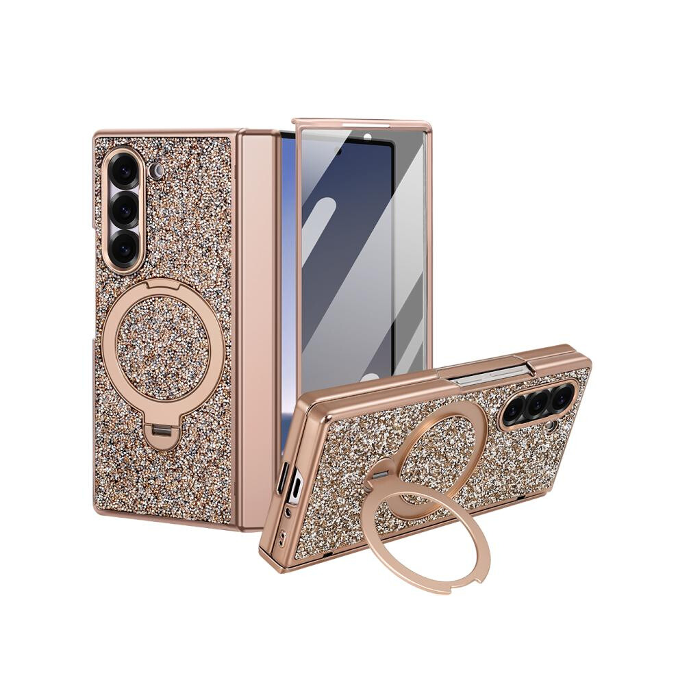Compatible Gift Samsung Galaxy Z Fold7 5G Vietao Flash Diamond Privacy Tempered Glass Integrated Magnetic Bracket Phone Case(Champagne):For Samsung G 4194760301029
