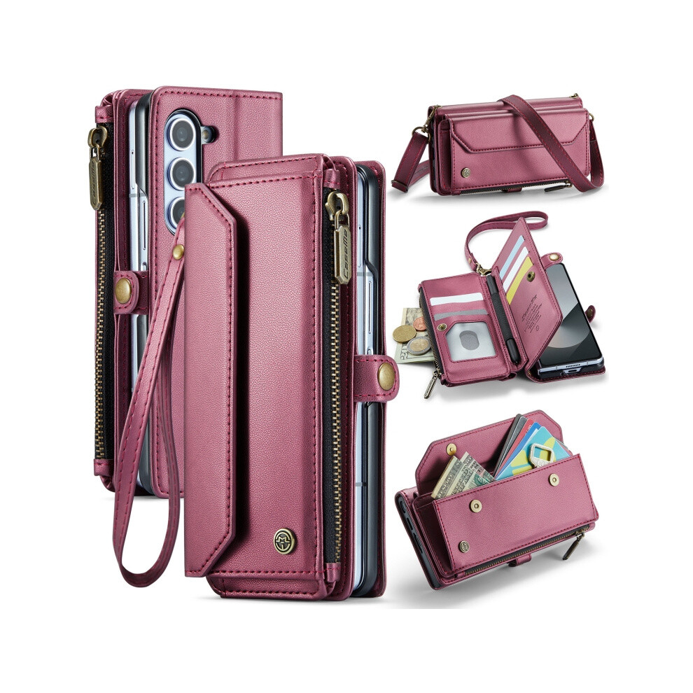 Compatible Gift Samsung Galaxy Z Fold6 5G Caseme C36 Card Slots Zipper Wallet Rfid Anti-Theft Leather Phone Case(Wine ):For Samsung Galaxy Z Fold6 Red 8303483115530