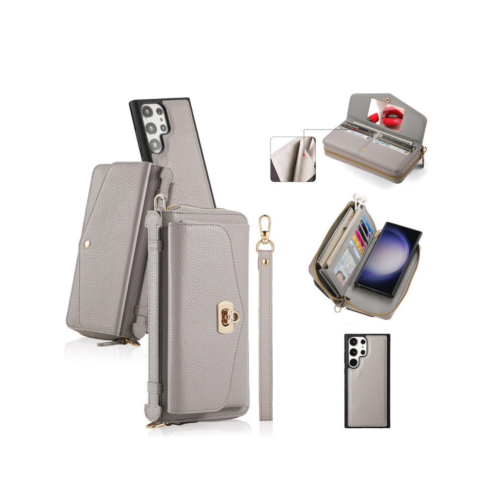 Multi-Functional Zippered Wallet Case With Diagonal Strap Compatible Gift Samsung Galaxy S23 Ultra 5G (Grey):For Samsung Galaxy S23 Ultra 5G Grey 8323175319787