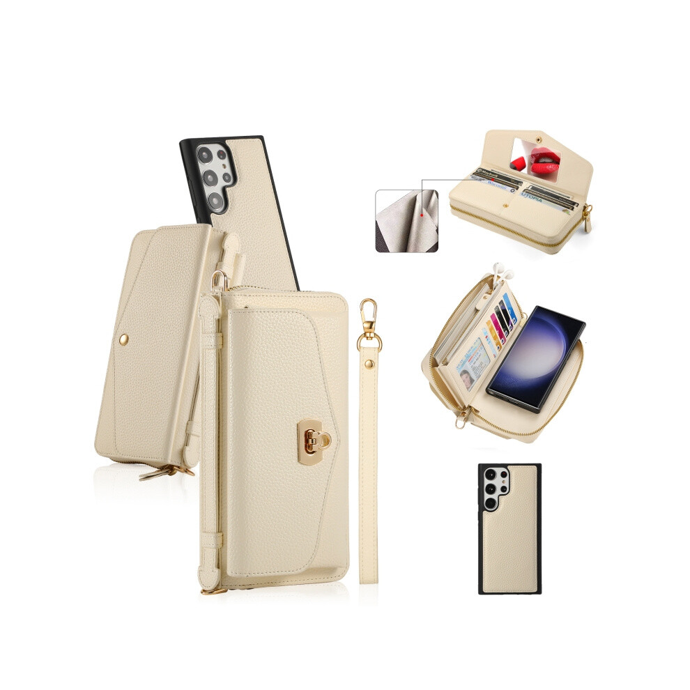 Multi-Functional Zippered Wallet Case With Diagonal Strap Compatible Gift Samsung Galaxy S23 Ultra 5G (Beige):For Samsung Galaxy S23 Ultra 5G Beige 8323175319886