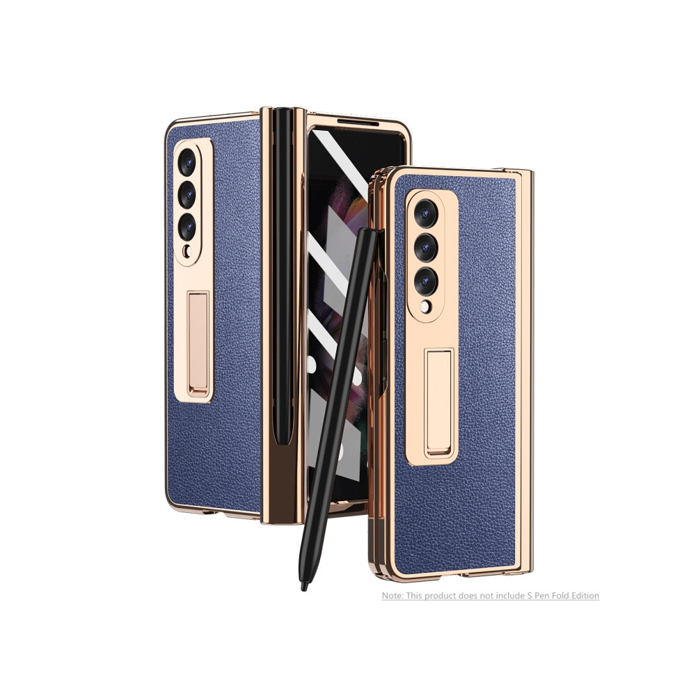 Electroplated Hinge Pen Groove Lychee Texture Phone Case Compatible Gift Samsung Galaxy Z Fold3 5G (Blue): Blue 4194760300961