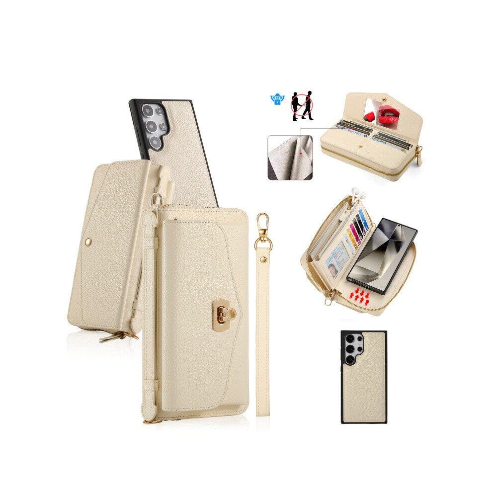 Multi-Functional Zippered Wallet Case With Diagonal Strap Compatible Gift Samsung Galaxy S24 5G (Beige):For Samsung Galaxy S24 5G Beige 8323175319879