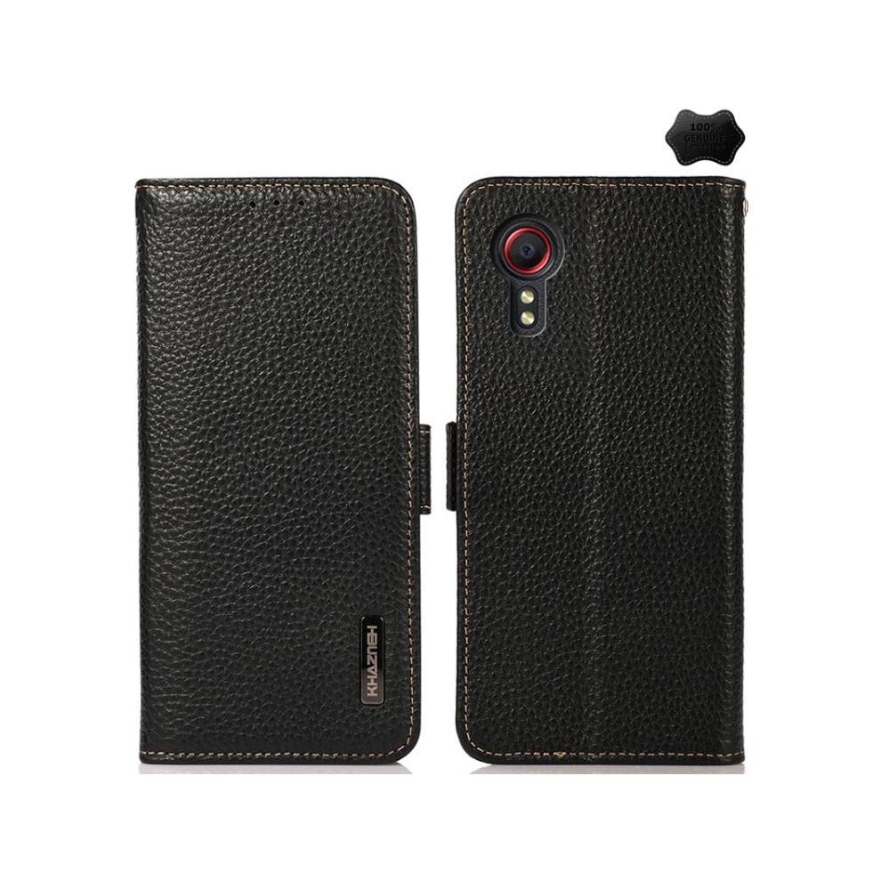 Compatible Gift Samsung Galaxy Xcover7 Khazneh Side-Magnetic Litchi Genuine Leather Rfid Phone Case(Black):For Samsung Galaxy Xcover7 Black 4574221283277