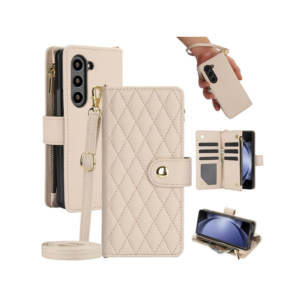 Compatible Gift Samsung Galaxy Z Fold6 Rhombic Zipper Card Wallet Leather Phone Case With Lanyard(Apricot):For Samsung Galaxy Z Fold6 8375701226441