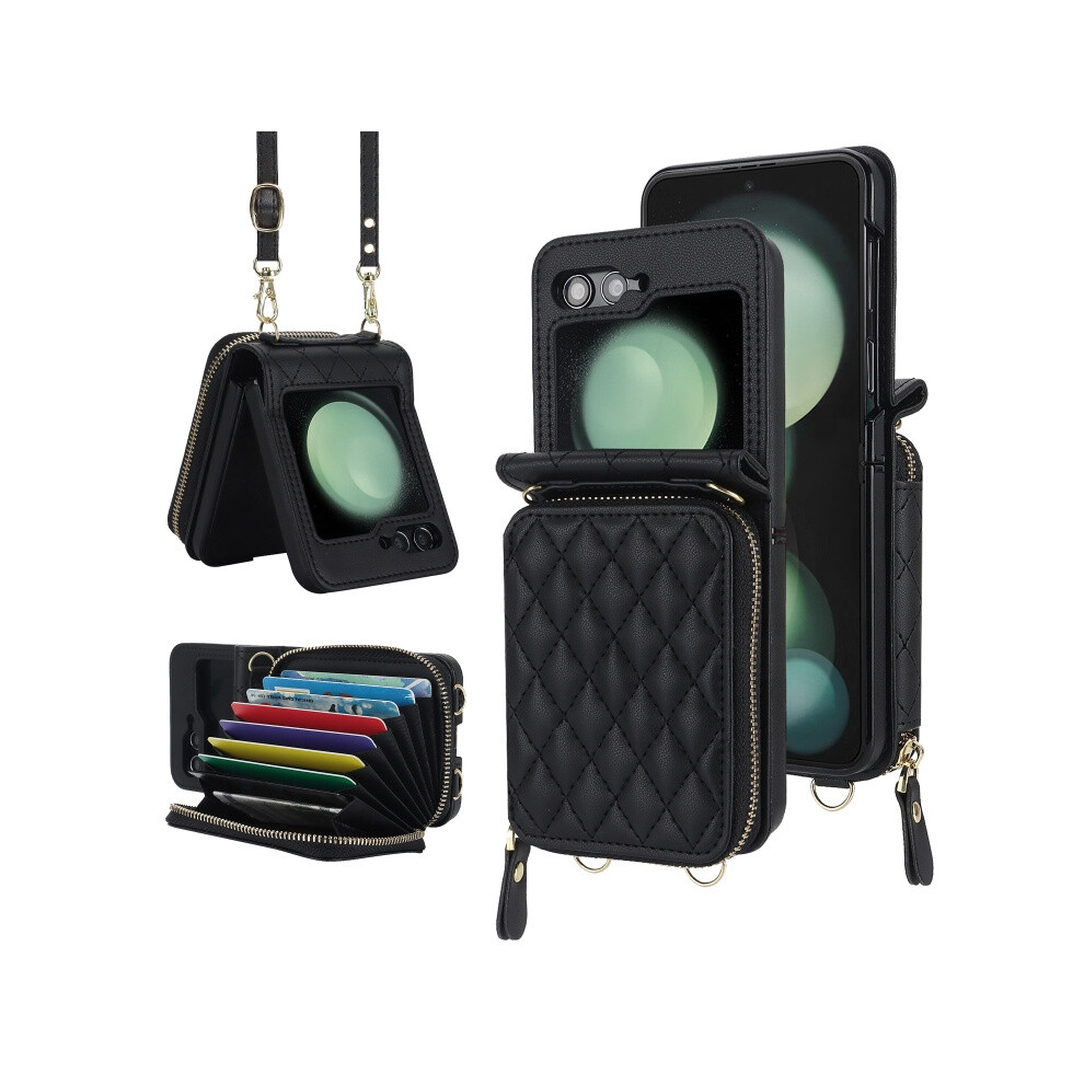 Compatible Gift Samsung Galaxy Z Flip6 / Flip7 Fe Rhombic Texture Card Bag Phone Case With Dual Lanyard(Black):For Samsung Galaxy Z Flip6 / Flip7 Fe Black 8375701226458