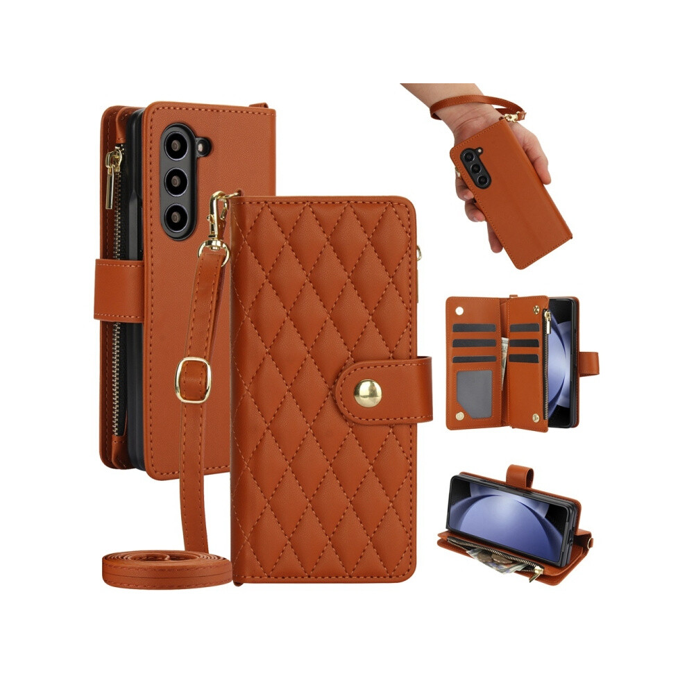 Compatible Gift Samsung Galaxy Z Fold6 Rhombic Zipper Card Wallet Leather Phone Case With Lanyard(Brown):For Samsung Galaxy Z Fold6 Brown 8375701226373