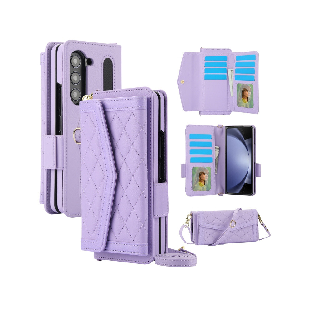 Compatible Gift Samsung Galaxy Z Fold6 Splicing Rhombic Texture Card Holder Phone Case With Lanyard, Not Included Pen(Purple):For Samsung Galaxy Z Fo Purple 3248990255780