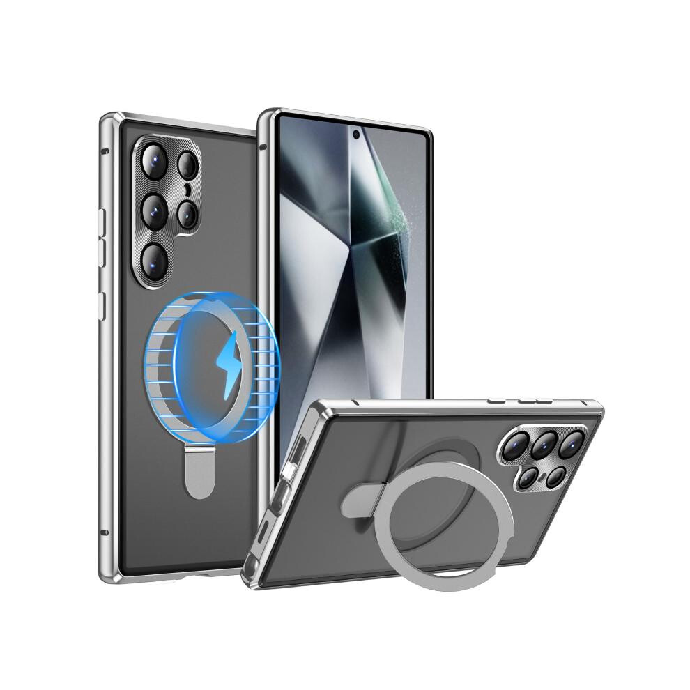 Compatible Gift Samsung Galaxy S25 Ultra 5G Magsafe Magnetic Hd Frosted Tempered Glass Holder Phone Case(Silver):For Samsung Galaxy S25 Ultra 5G Silver 4753601164225