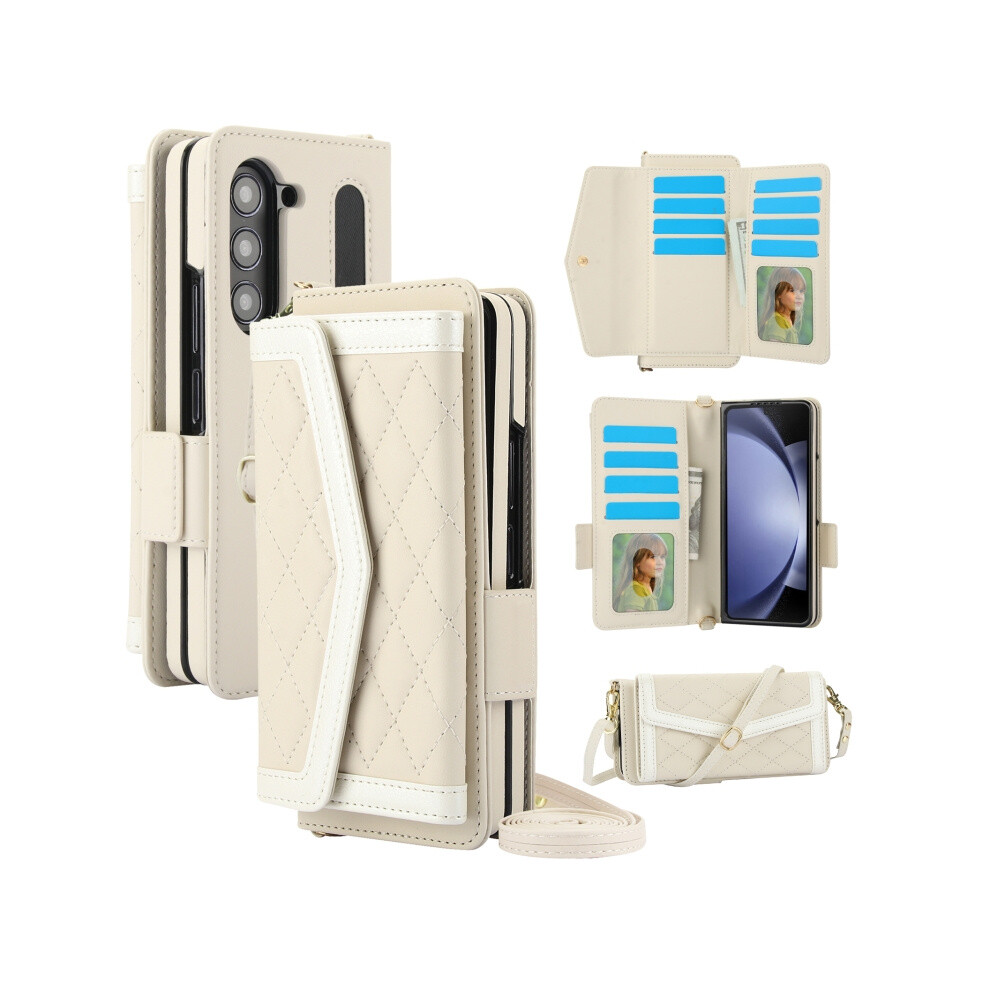 Compatible Gift Samsung Galaxy Z Fold6 Splicing Rhombic Texture Card Holder Phone Case With Lanyard, Not Included Pen(Beige):For Samsung Galaxy Z Fol Beige 3248990255827