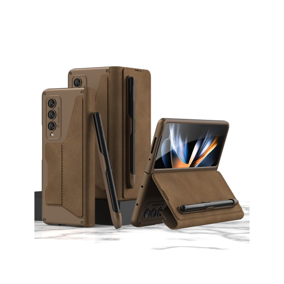 Gkk Armor Flip Case With Pen Slot Compatible Gift Samsung Galaxy Z Fold4 (Brown):For Samsung Galaxy Z Fold4 Brown 3386850278415