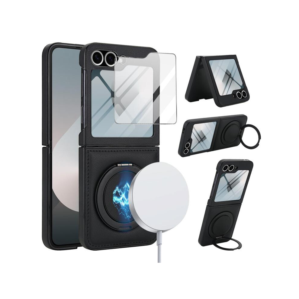 Compatible Gift Samsung Galaxy Z Flip7 Fe / Flip6 Folding Rotation Holder Magsafe Film Integrated Leather Phone Case(Black):For Samsung Galaxy Z Flip Black 4552314290487