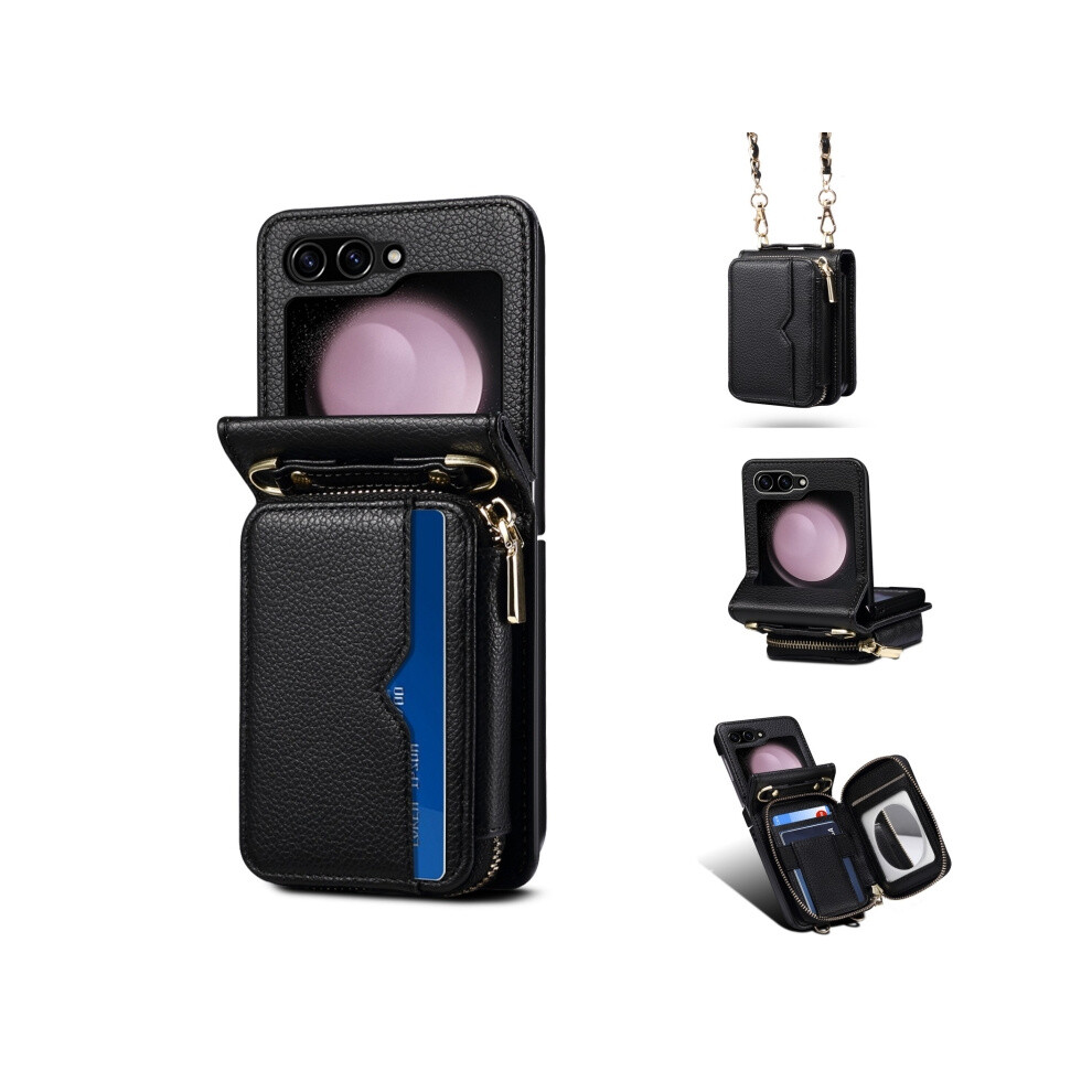 Compatible Gift Samsung Galaxy Z Flip5 Folding Leather Phone Case With Long Lanyard(Black):For Samsung Galaxy Z Flip5 Black 3042090298957