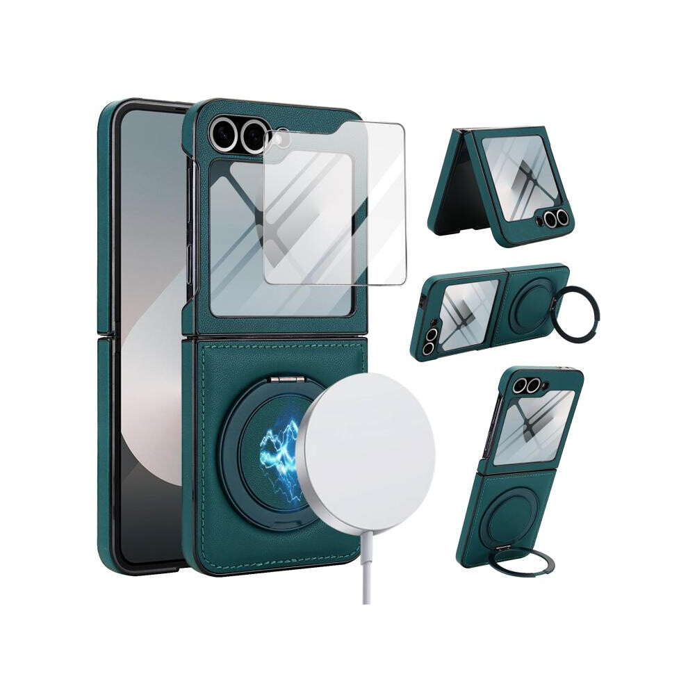 Compatible Gift Samsung Galaxy Z Flip7 Fe / Flip6 Folding Rotation Holder Magsafe Film Integrated Leather Phone Case(Green):For Samsung Galaxy Z Flip Green 3403292163564