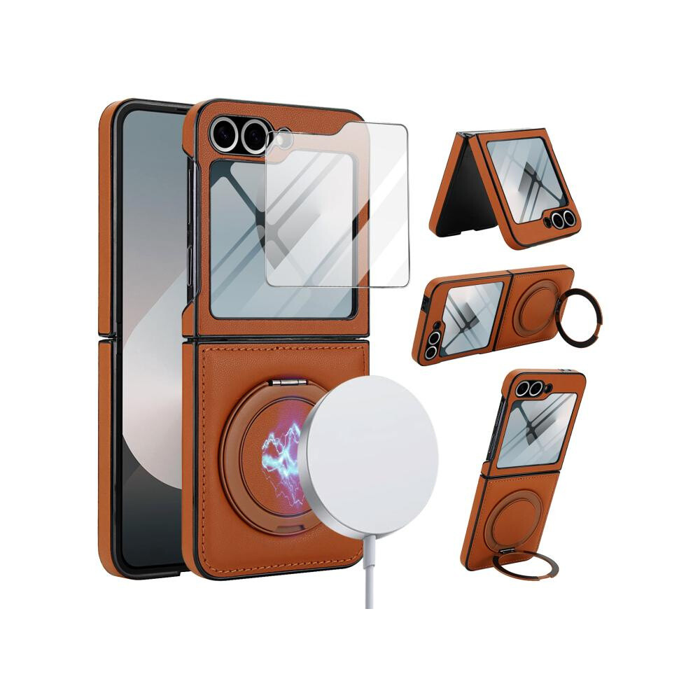 Compatible Gift Samsung Galaxy Z Flip7 Fe / Flip6 Folding Rotation Holder Magsafe Film Integrated Leather Phone Case(Brown):For Samsung Galaxy Z Flip Brown 8145044216337