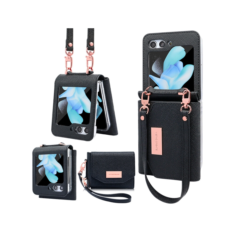 Vietao Portable Wallet Folding Phone Case Compatible Gift Samsung Galaxy Z Flip5 (Black):For Samsung Galaxy Z Flip5 Black 3035171377054