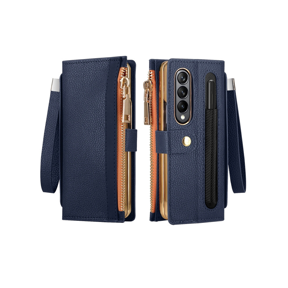 Leather Case With Pen Slot Compatible Gift Samsung Galaxy Z Fold4 Ming Shi Series Rfid Anti-Theft Phone (Blue): Blue 3042090299268
