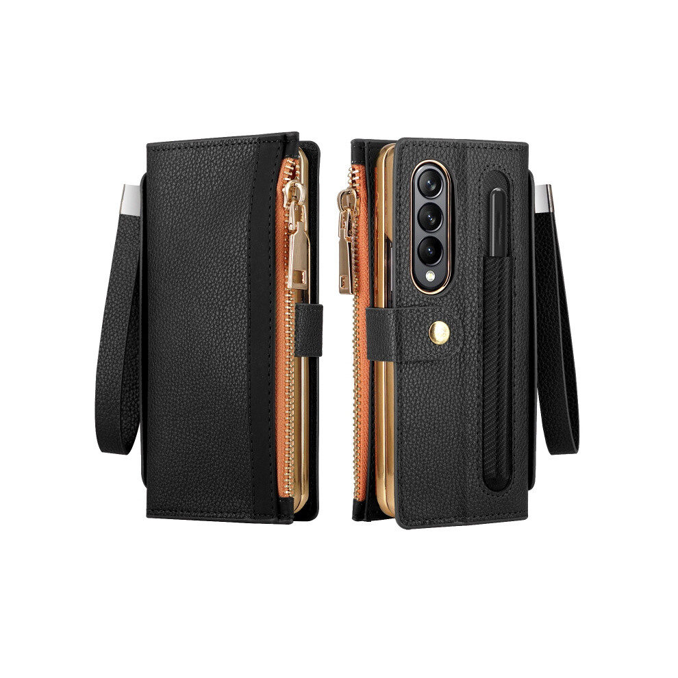 Leather Case With Pen Slot Compatible Gift Samsung Galaxy Z Fold4, Ming Shi Series Rfid Anti-Theft Phone Case (Black).: Black 3042090299251