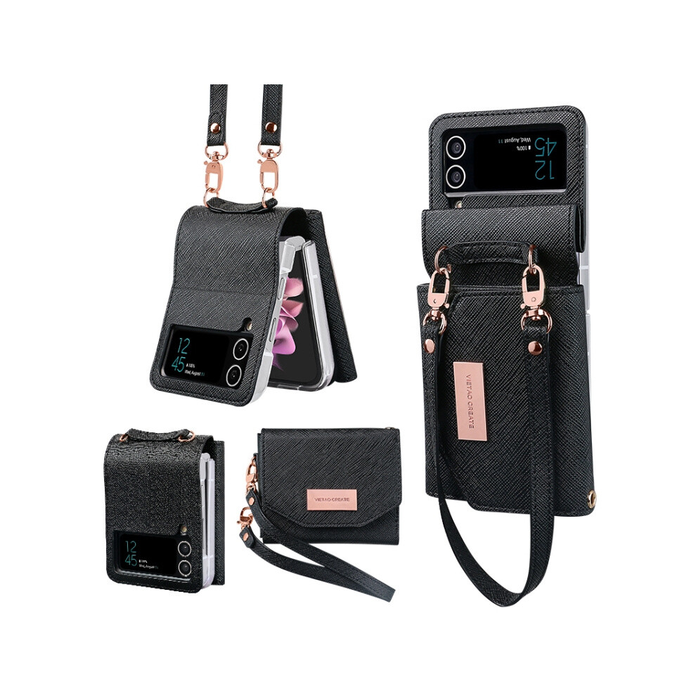 Vietao Portable Wallet Folding Phone Case Compatible Gift Samsung Galaxy Z Flip3 5G (Black):For Samsung Galaxy Z Flip3 5G Black 3035171377078