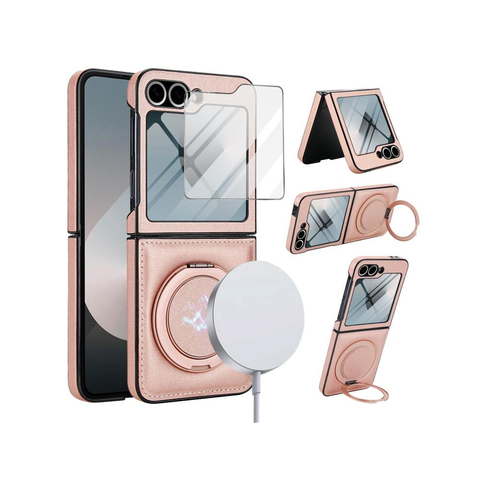 Compatible Gift Samsung Galaxy Z Flip7 Fe / Flip6 Folding Rotation Holder Magsafe Film Integrated Leather Phone Case(Rose ):For Samsung Galaxy Z Gold 8145044216474