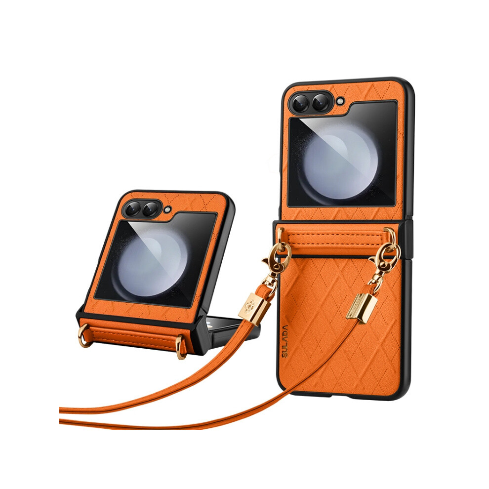Sulada Miniature Pattern Leather Folding Phone Case With Lanyard (Orange) Compatible Gift Samsung Galaxy Z Flip3 5G:for Samsung Galaxy Z Flip3 5G Orange 5207287341054